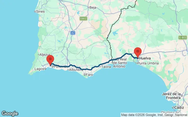 Taxi de Huelva al aeródromo de Portimão: mapa de la ruta en coche