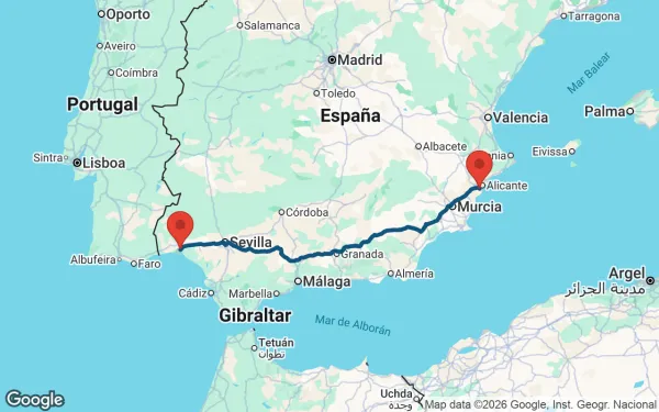 Taxi de Huelva al aeropuerto de Alicante-Elche: mapa de la ruta en coche