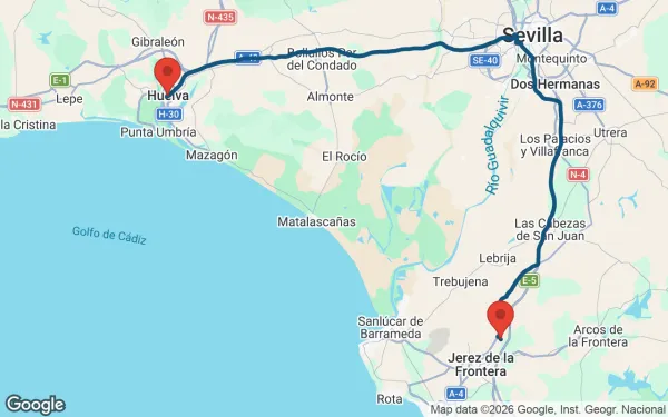 Taxi de Huelva al aeropuerto de Jerez: mapa de la ruta en coche