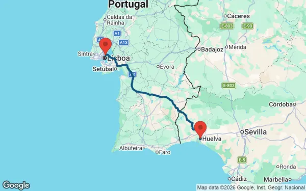 Taxi de Huelva al aeropuerto de Lisboa: mapa de la ruta en coche