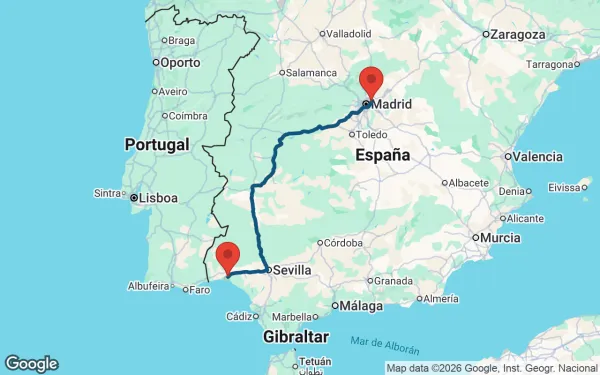 Taxi de Huelva al aeropuerto de Madrid-Barajas: mapa de la ruta en coche