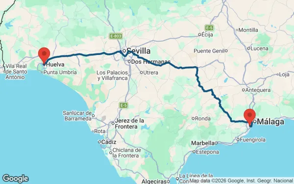 Taxi de Huelva al aeropuerto de Málaga: mapa de la ruta en coche