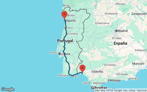 Taxi de Huelva al aeropuerto de Oporto: mapa de la ruta en coche