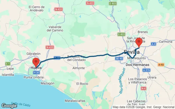 Taxi de Huelva al aeropuerto de Sevilla: mapa de la ruta en coche