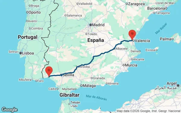Taxi de Huelva al aeropuerto de Valencia: mapa de la ruta en coche