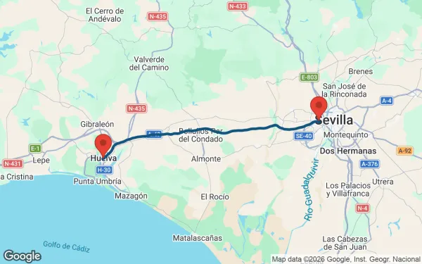 Taxi de Huelva al centro comercial AireSur: mapa de la ruta en coche