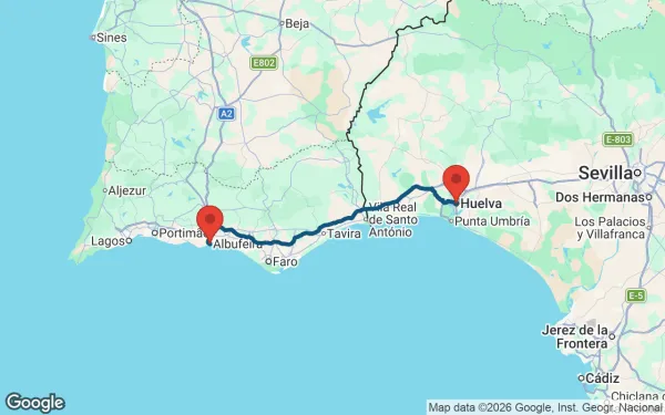 Taxi de Huelva a Albufeira: mapa de la ruta en coche