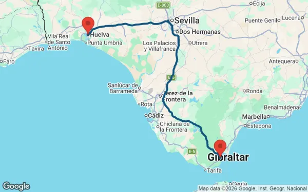 Taxi de Huelva al puerto de Algeciras: mapa de la ruta en coche