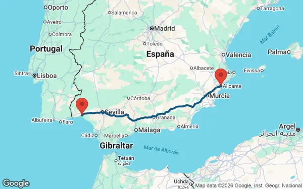 Taxi de Huelva a Alicante: mapa de la ruta en coche