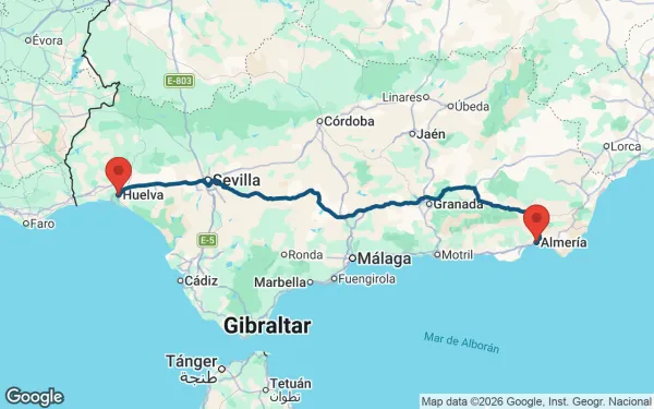 Taxi de Huelva a Almería: mapa de la ruta en coche