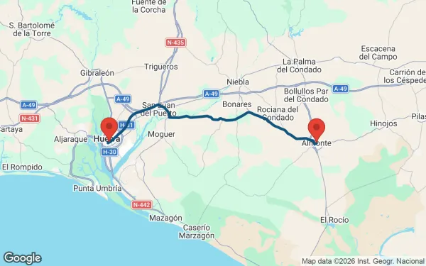 Taxi de Huelva a Almonte: mapa de la ruta en coche