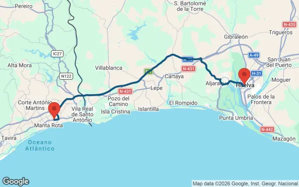 Taxi de Huelva a Altura: mapa de la ruta en coche