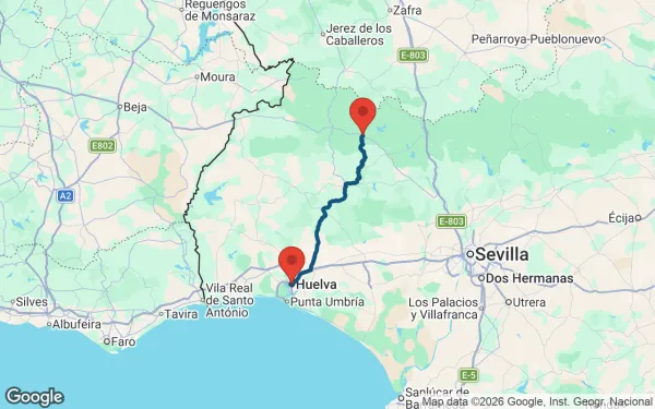Taxi de Huelva a Aracena: mapa de la ruta en coche