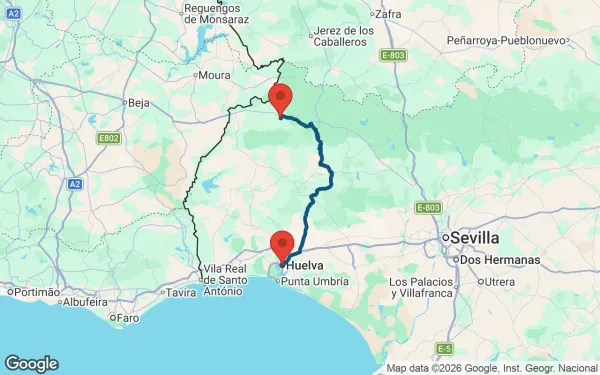 Taxi de Huelva a Aroche: mapa de la ruta en coche