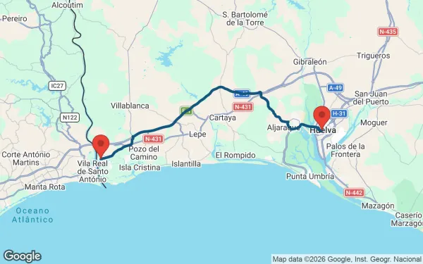 Taxi de Huelva a Ayamonte: mapa de la ruta en coche