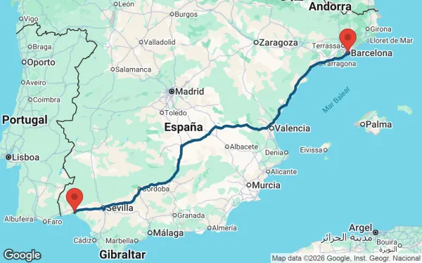 Taxi de Huelva a Barcelona: mapa de la ruta en coche