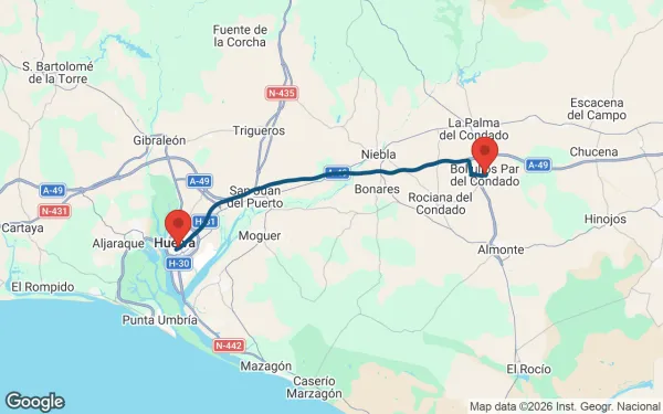 Taxi de Huelva a Bollullos Par del Condado: mapa de la ruta en coche