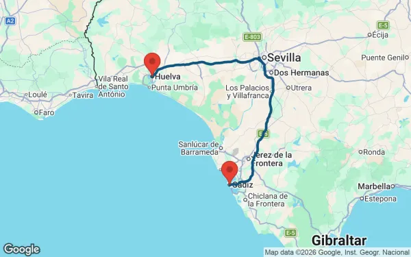 Taxi de Huelva a Cádiz: mapa de la ruta en coche