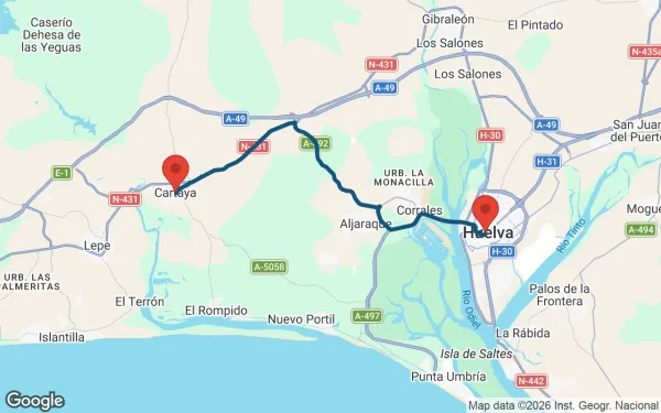 Taxi de Huelva a Cartaya: mapa de la ruta en coche