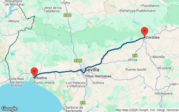 Taxi de Huelva a Córdoba: mapa de la ruta en coche