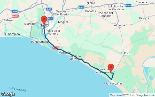 Taxi de Huelva a Doñana y El Acebuche: mapa de la ruta en coche
