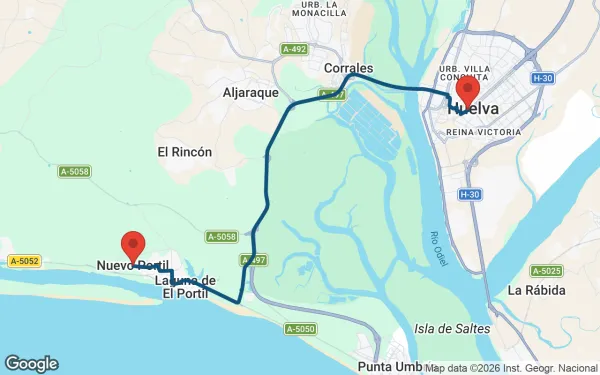 Taxi de Huelva a El Portil: mapa de la ruta en coche