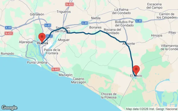 Taxi de Huelva a El Rocío: mapa de la ruta en coche