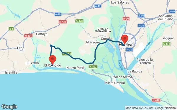 Taxi de Huelva a El Rompido: mapa de la ruta en coche