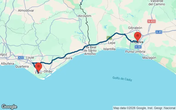 Taxi de Huelva a Faro: mapa de la ruta en coche