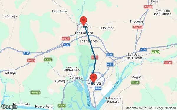 Taxi de Huelva a Gibraleón: mapa de la ruta en coche