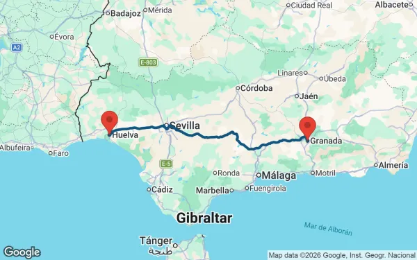 Taxi de Huelva a Granada: mapa de la ruta en coche