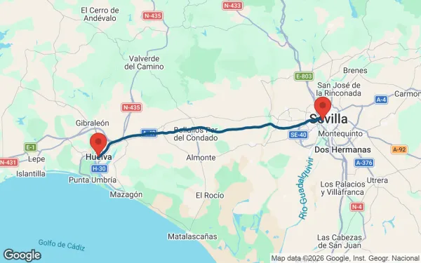 Taxi de Huelva al Hospital Quirónsalud Infanta Luisa: mapa de la ruta en coche