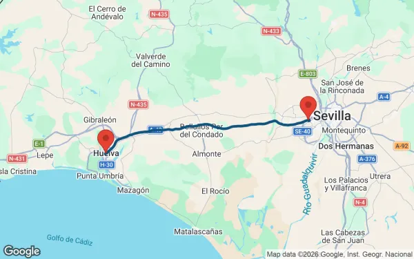 Taxi de Huelva al Hospital San Juan de Dios del Aljarafe: mapa de la ruta en coche