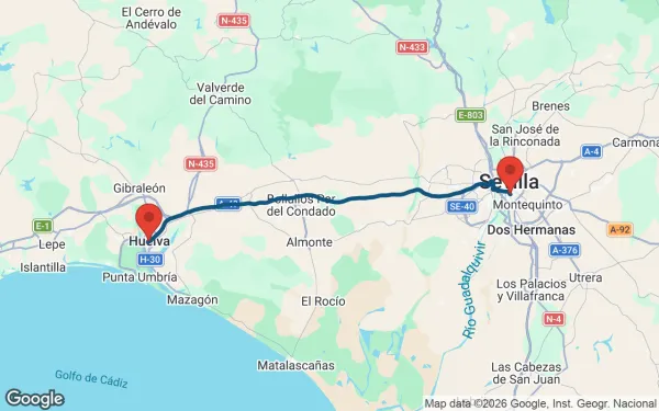 Taxi de Huelva al Hospital Virgen del Rocío: mapa de la ruta en coche