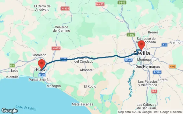 Taxi de Huelva al Hospital Virgen Macarena: mapa de la ruta en coche