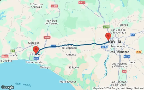 Taxi de Huelva al Hospital Vithas Sevilla: mapa de la ruta en coche