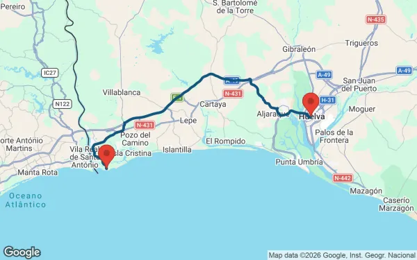 Taxi de Huelva al Barceló Isla Canela: mapa de la ruta en coche