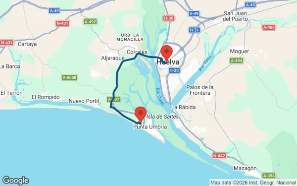 Taxi de Huelva al Barceló Punta Umbría Beach Resort: mapa de la ruta en coche