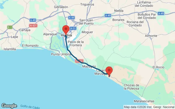 Taxi de Huelva al Camping Doñana Playa: mapa de la ruta en coche
