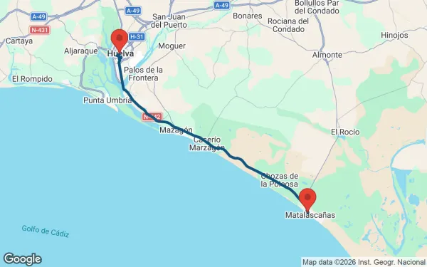 Taxi de Huelva al Hotel Flamero: mapa de la ruta en coche