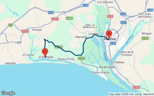 Taxi de Huelva al Fuerte El Rompido: mapa de la ruta en coche