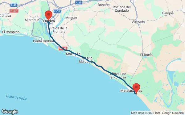 Taxi de Huelva al Gran Hotel del Coto: mapa de la ruta en coche
