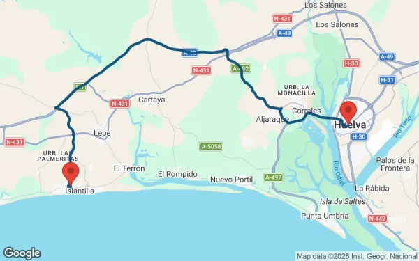 Taxi de Huelva al Islantilla Golf Resort: mapa de la ruta en coche