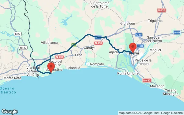 Taxi de Huelva al Meliá Atlántico Isla Canela: mapa de la ruta en coche