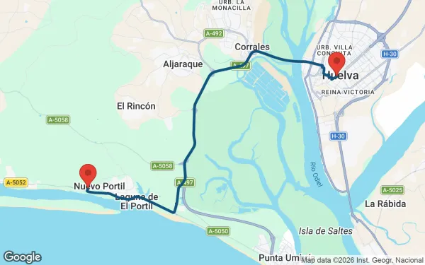 Taxi de Huelva al Hotel Nuevo Portil Golf: mapa de la ruta en coche
