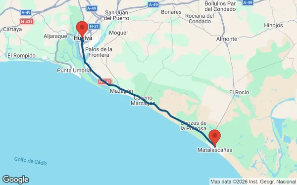 Taxi de Huelva al Ohtels Carabela Beach & Golf: mapa de la ruta en coche