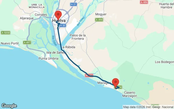 Taxi de Huelva al Ohtels Mazagón: mapa de la ruta en coche