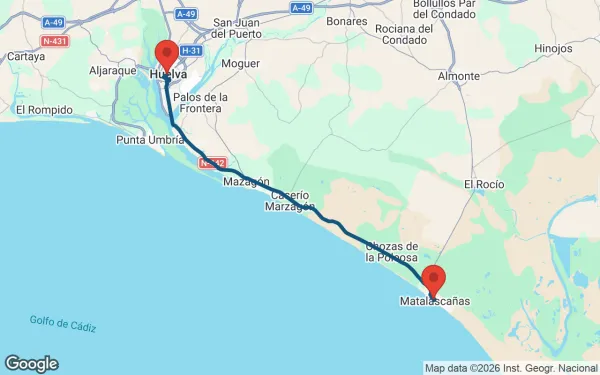 Taxi de Huelva al ON Hotels Oceanfront: mapa de la ruta en coche