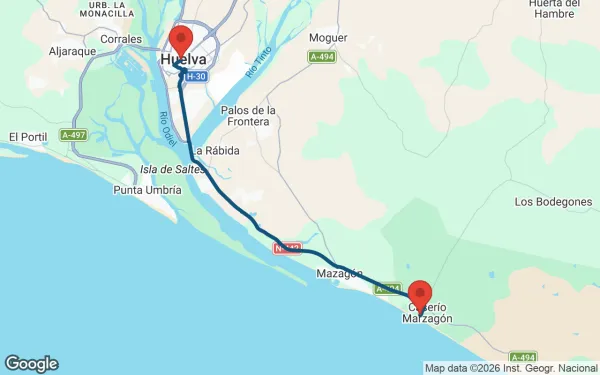 Taxi de Huelva al Parador de Mazagón: mapa de la ruta en coche