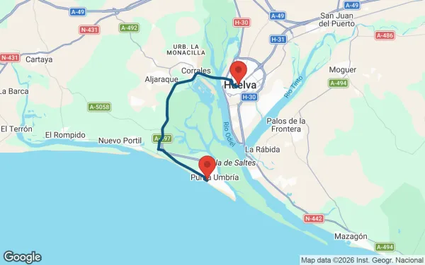 Taxi de Huelva al Hotel Pato Rojo: mapa de la ruta en coche
